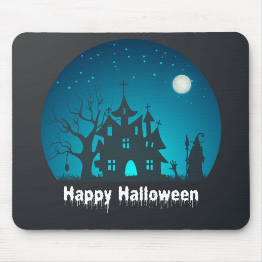 Tapis De Souris Happy Halloween Maison hantée bleue et noire (Devant)