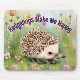Tapis De Souris Happy Hedgehog Watercolor In Field Of Flowers 