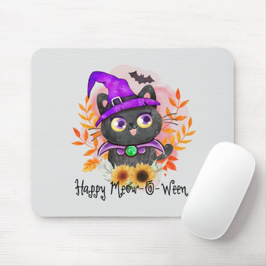 Tapis De Souris Happy Meow-o-ween -Chat Sorcière Noire (Avec souris)