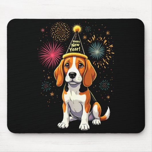 Tapis De Souris Happy New Year 2025 Eve Firework Dog Funny Beagle  (Devant)