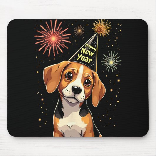 Tapis De Souris Happy New Year 2025 Eve Firework Dog Funny Beagle (Devant)