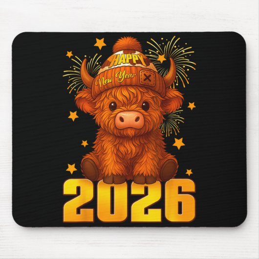 Tapis De Souris Happy New Year 2026 Highland Cow & Party Hat N (Devant)