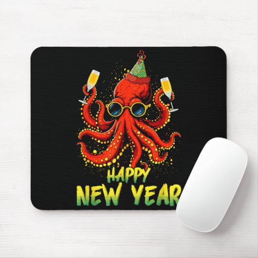 Tapis De Souris Happy New Year 2026 Octopus Drinking Champagne New (Avec souris)