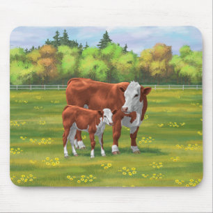 Tapis De Souris Hereford Cow & Cute Calf dans les pâturages d'été