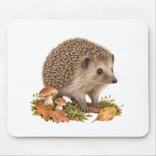 Tapis De Souris Hérisson et champignons pour un bureau de forêt au