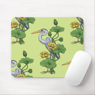 Tapis De Souris Héron dans le jardin de lotus jaune sur rosée de m