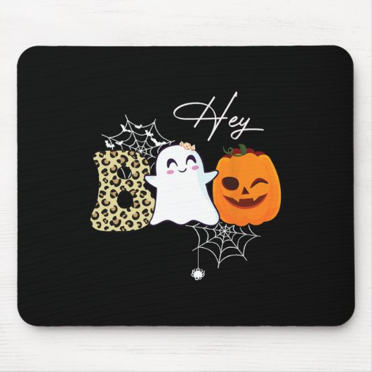 Tapis De Souris Hey Boo mignon Citrouille fantôme face Halloween (Devant)