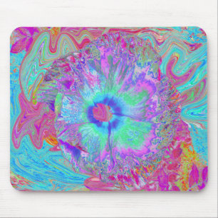 Tapis De Souris Hibiscus Bleu Rétro Psychedélique Arc-en-ciel