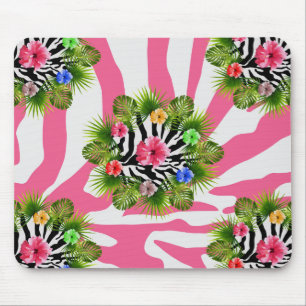 Tapis De Souris Hibiscus tropical et rayures exotiques de zèbre ro