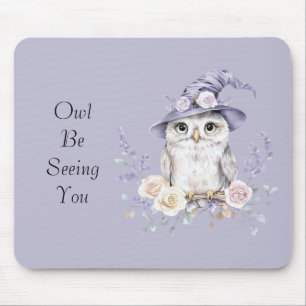 Tapis De Souris Hibou Blanc Chapeau Violet Fleurs Jolis