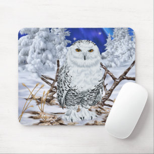 Tapis De Souris Hibou des neiges perché dans un pays des merveille