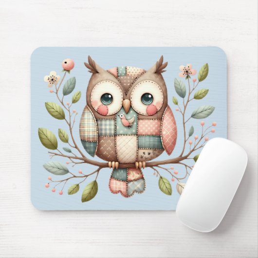 Tapis De Souris Hibou Patchwork dans une Forêt Fantaisiste (Avec souris)