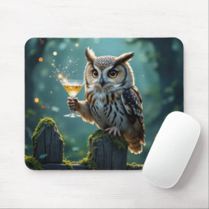 Tapis De Souris Hibou tenant un cocktail dans une forêt mystique