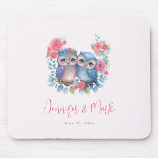 Tapis De Souris Hiboux en amour assis sur une branche d'arbre Mari (Devant)