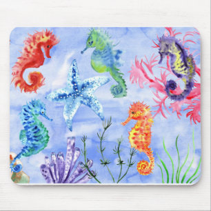 Tapis De Souris Hippocampes et étoiles de mer avec motif de coraux