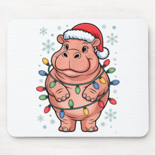 Tapis De Souris Hippopotame Adorable Enveloppé de Lumières de Noël