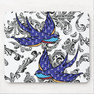 Tapis De Souris hirondelles noires et blanches de rouleau