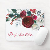 Tapis De Souris Hiver Burgundy Peony Rose Floral Pine Bouquet (Avec souris)