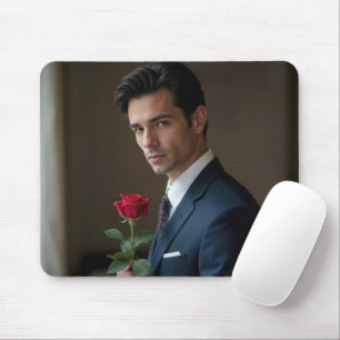 Tapis De Souris Homme beau avec une rose rouge