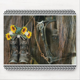 Tapis De Souris Horse Cowboy Boots Sunflowers Rustic Barque
