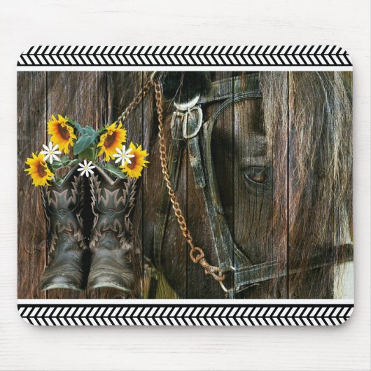 Tapis De Souris Horse Cowboy Boots Sunflowers Rustic Barque (Devant)