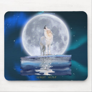 Tapis De Souris Howling White Wolf & Moon Wildlife Imaginaire