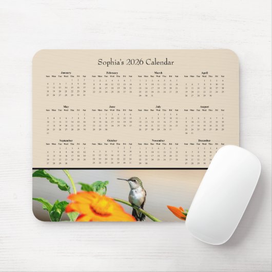 Tapis De Souris Hummingbird on an Orange Flower – 2026 Calendar (Avec souris)