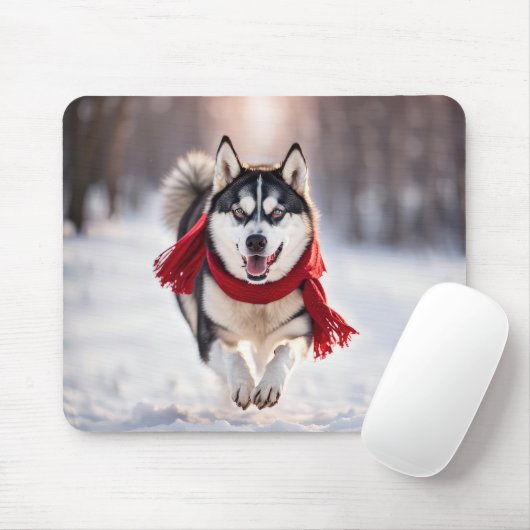 Tapis De Souris Husky Courir Avec Écharpe Rouge (Avec souris)