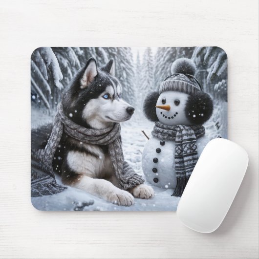 Tapis De Souris Husky et Snowman dans les bois d'hiver (Avec souris)