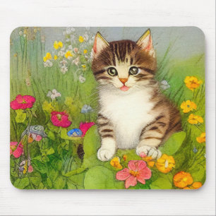Tapis De Souris Illustration de chat souriant vintage