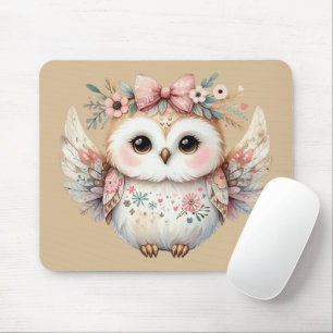 Tapis De Souris Illustration de chouette Bohème Kawaii Taupe