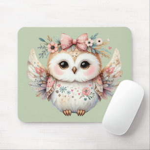 Tapis De Souris Illustration de chouette bohème kawaii verte
