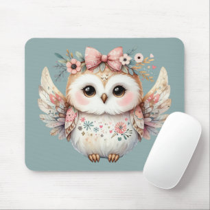 Tapis De Souris Illustration de chouette Boho Kawaii Bleue