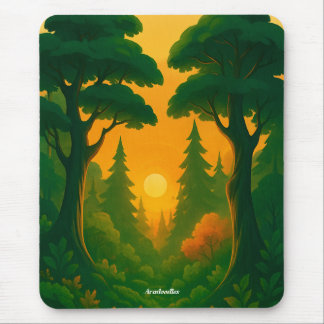 Tapis De Souris Illustration de forêt au coucher de soleil vibrant