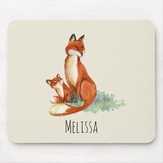 Tapis De Souris Illustration de l'aquarelle Momma Fox et Baby (Devant)