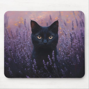 Tapis De Souris Illustration d'un chat noir dans un champ de lavan