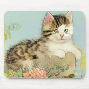 Tapis De Souris Illustration vintage de chat avec fleurs roses