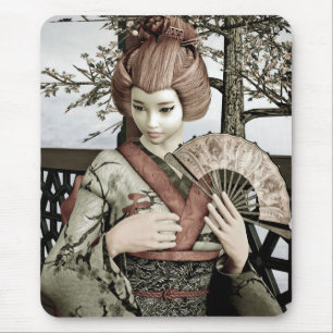 Tapis De Souris Illustration vintage d'un éventail de geisha en ki