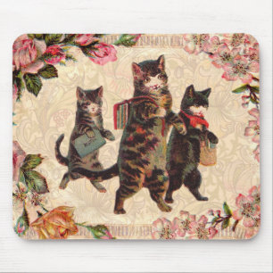 Tapis De Souris Impression de chatons vintage allant à l'école : V