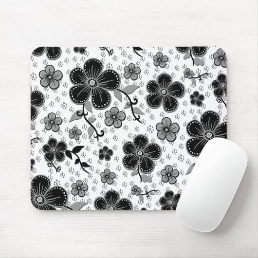 Tapis De Souris Impression florale noire et blanche (Avec souris)