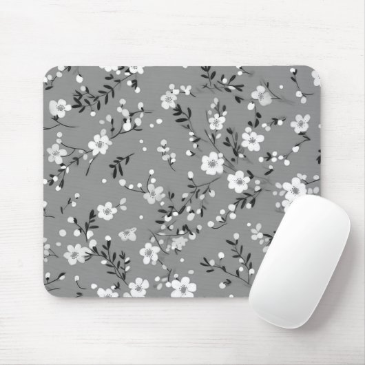 Tapis De Souris Imprimé de fleurs sur gris (Avec souris)