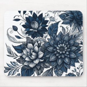 Tapis De Souris Imprimé floral bohème bleu et blanc