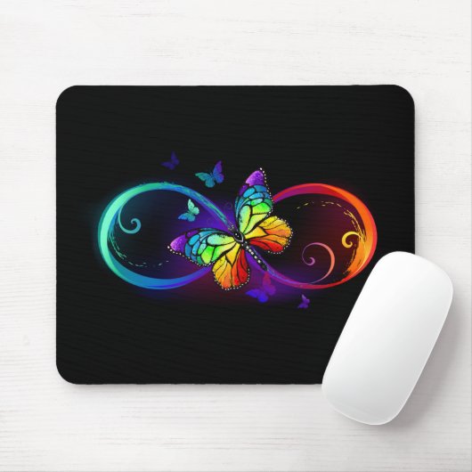 Tapis De Souris Infini vibrant avec papillon arc-en-ciel sur noir (Avec souris)