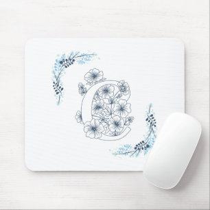 Tapis De Souris Initiale "C" Monogramme bleu Calme Floral