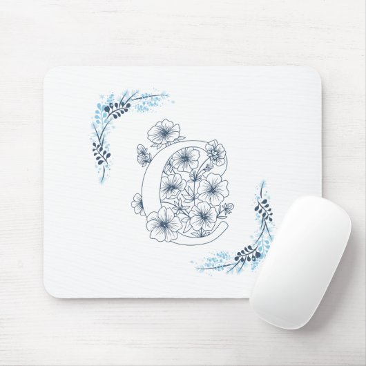Tapis De Souris Initiale "C" Monogramme bleu Calme Floral (Avec souris)