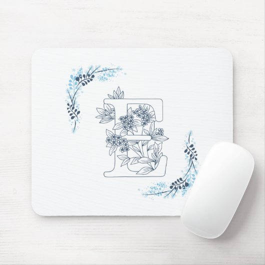 Tapis De Souris Initiale "E" Monogramme bleu Calme Floral (Avec souris)