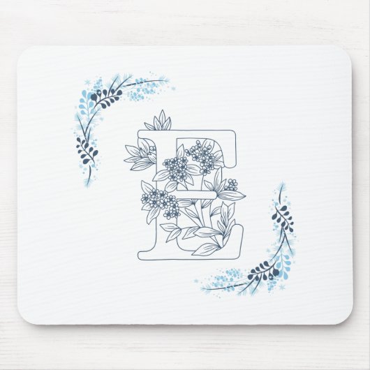 Tapis De Souris Initiale "E" Monogramme bleu Calme Floral (Devant)