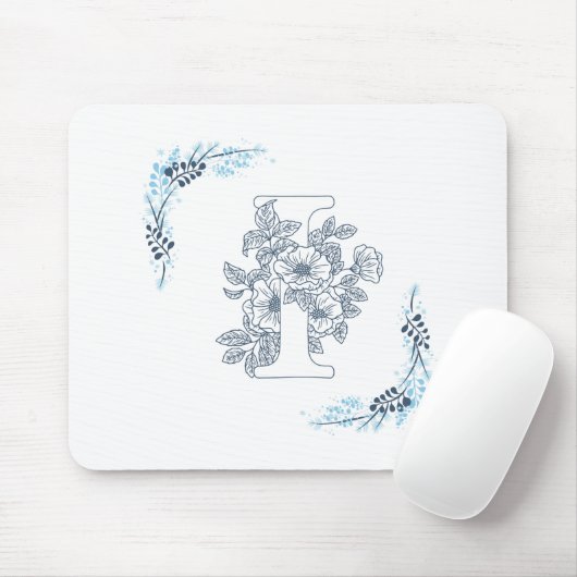 Tapis De Souris Initiale "I" Monogramme Bleu Calme Floral (Avec souris)