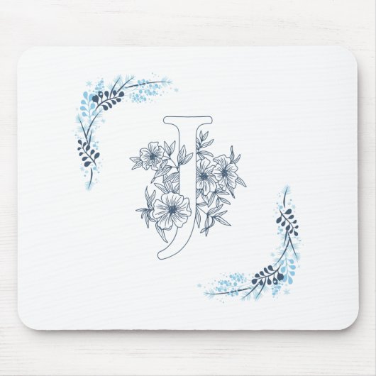 Tapis De Souris Initiale "J" Monogramme bleu Calme Floral (Devant)