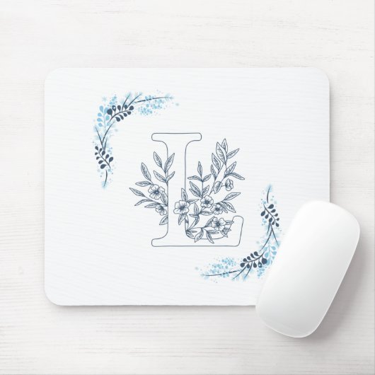 Tapis De Souris Initiale "L" Monogramme bleu Calme Floral (Avec souris)